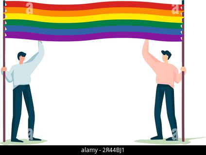 Deux hommes ont une bannière drapeau de fierté isolée sur fond blanc. Défilé LGBT. Illustration vectorielle Illustration de Vecteur