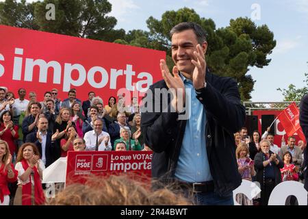 Pedro Sanchez Perez-Castejon. L'action massive du PSOE. Président de l'Espagne lors d'un rassemblement politique. MADRID, ESPAGNE - 25 MAI 2023. Banque D'Images