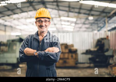 Ingénieur professionnel senior de haut niveau travailleur masculin dans l'usine de l'industrie lourde se tenant confiant. portrait personne âgée en bonne santé travailleur intelligent. Banque D'Images