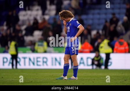 Photo du dossier datée du 15-05-2023 de la ville de Leicester Wout Faes, qui a marqué 2 buts en sept minutes contre Liverpool. Date de publication : vendredi 26 mai 2023. Banque D'Images