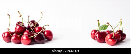 Bannière avec un ensemble de cerises rouges riches et saines sur un fond blanc. Papier peint des cerises fraîchement cueillies Banque D'Images