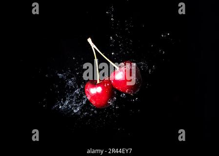 Cerises rouges rafraîchissantes, éclaboulées d'eau douce sur fond noir. Fruits rouges sains riches en vitamines, parfaits pour une alimentation équilibrée Banque D'Images