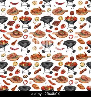 Barbecue à motif aquarelle sans couture. Éléments pour cuisiner un barbecue - grill, poulet et viande. Illustration dessinée à la main isolée sur fond blanc Banque D'Images