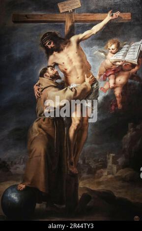 Saint François d'Assise embrassant le Christ crucifié, peinture de Bartolomé Esteban Murillo, vers 1668 Banque D'Images