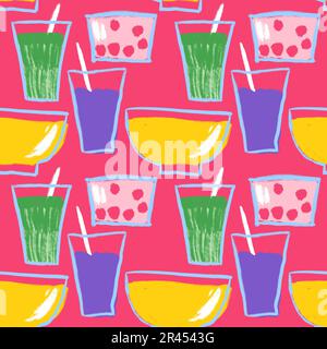 Motif sans couture dessiné à la main avec assiettes bols tasses. Ustensiles de cuisine vert violet jaune sur fond rose, verrerie de cuisine, menu récipient de cuisine luch alimentaire, design coloré Banque D'Images