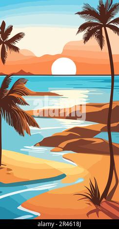 Plage tropicale avec palmiers et vecteur de mer. Illustration de Vecteur
