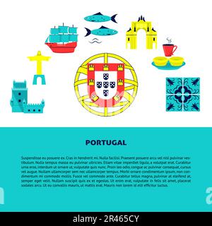 Bannière Portugal concept avec icônes dans le style plat. Symboles traditionnels avec culture nationale, cuisine et attractions. Prospectus de voyage ou affiche templ Illustration de Vecteur