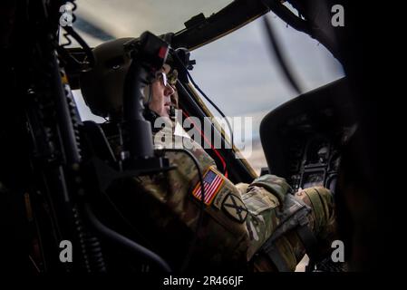Les soldats et les aviateurs de la Garde nationale de l'Idaho, ainsi que leurs homologues actifs, ont joint leurs forces à une seule équipe et à une mentalité de combat pour un entraînement conjoint lors d'un exercice de victimes de masse le 4 février 2023, près de Gowen Field, Boise, Idaho. Le personnel médical du groupe médical 124th de Gowen Field et le personnel médical en service actif du groupe médical 366th de la base aérienne de Mountain Home se sont associés à plusieurs événements de victimes de masse, Ce qui comprenait également l’utilisation de soldats, de pilotes et d’hélicoptères UH-60 Black Hawk de la Garde nationale de l’Armée de l’Idaho 1st du 168th Aviation Regiment à Participa Banque D'Images