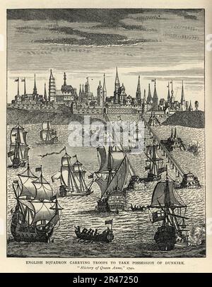 Illustration vintage escadron anglais de navires de guerre transportant des troupes pour prendre possession de Dunkerque Banque D'Images