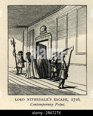 Evasion de comte de Nithsdale de la Tour de Londres déguisée comme une femme, fuite de prison, Jacobite 18th Century British History, Vintage Illustration Banque D'Images