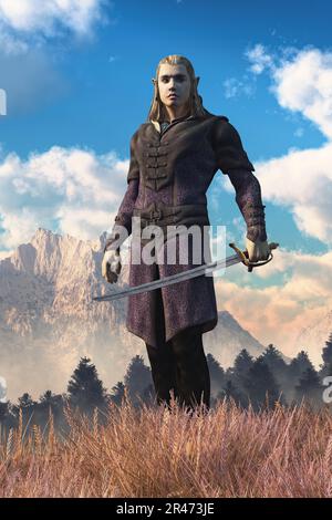 Voici un combattant elf mâle, sur les types de personnages les plus basiques dans le jeu de rôle de fantaisie médiévale. C'est un guerrier agile. Banque D'Images