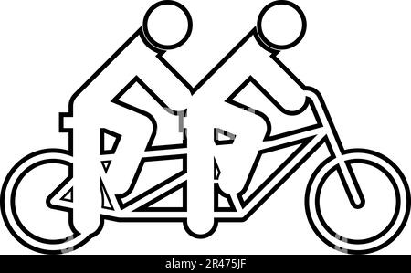 Deux personnes sur tandem vélo tour ensemble équipe moto concept équitation contour contour ligne icône noir couleur vecteur illustration image mince plat Illustration de Vecteur