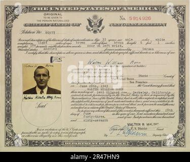 Certificat de naturalisation des États-Unis pour Walter William Horn 1943 Banque D'Images