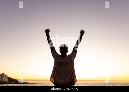 Vue arrière de l'homme biracial heureux levant les bras sur la plage et donnant sur la mer au coucher du soleil Banque D'Images