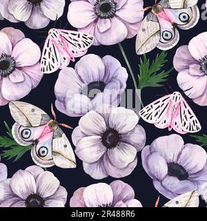 Motif aquarelle sans couture avec fleurs, papillons et papillons anémones. Illustration botanique aquarelle dessinée à la main dans des couleurs pastel douces. Banque D'Images