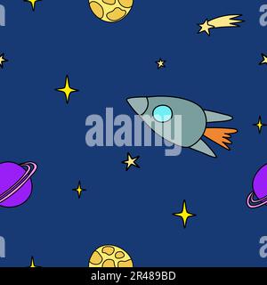 Espace avec étoiles, planètes et fusée, motif sans couture, dessin animé de style doodle illustration vectorielle Illustration de Vecteur