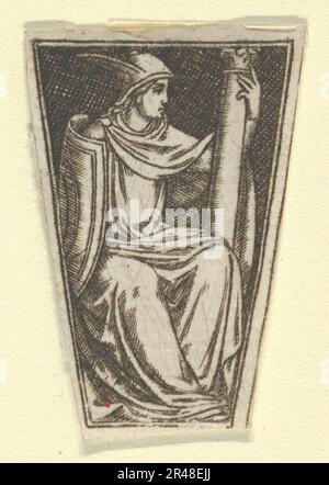 La vertu cardinale de la Fortitude représentée par une femme assise, sa main droite sur une colonne (peut-être une impression moderne), ca. 1480-1520. Banque D'Images