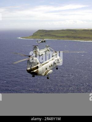 US Navy deux UH-46 'sea Knights' et un UH-60 ''Black Hawk'' volent vers Guam dans le cadre d'une formation de six hélicoptères pendant l'entraînement en vol Banque D'Images