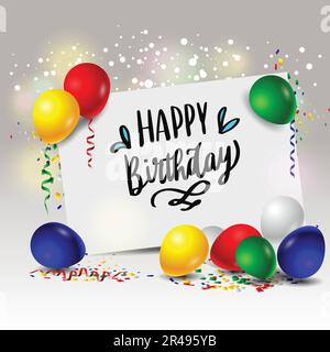 Anniversaire avec ballons colorés et motif papier à carte blanc Illustration de Vecteur