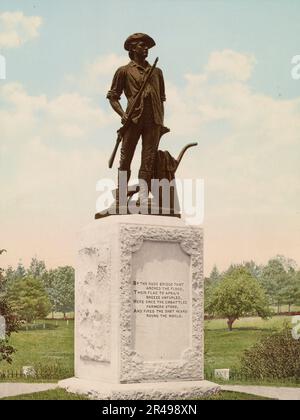 The minute Man, Concord, C1900. Inscription sur la base de la statue: Par le pont grossier qui a archassé le déluge / leur drapeau à la brise d'avril dénoyé / ici une fois que les fermiers embattés ont tenu / et a tiré le coup Banque D'Images