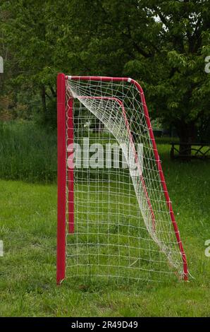 Une image de gros plan dynamique d'un objectif de football standard dans un environnement verdoyant et herbacé Banque D'Images