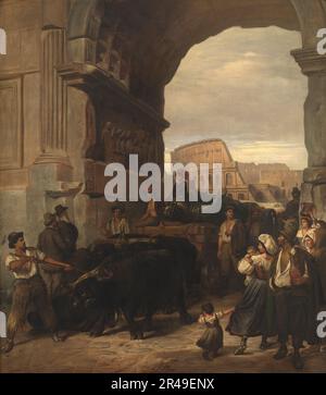 Ouvriers romains transportant une ancienne statue impériale du Colisée à travers l'arche de Titus jusqu'aux musées du Capitole, 1866-1867. [Remarque : chien sur la statue et homme portant un pantalon en fourrure à gauche.] Banque D'Images