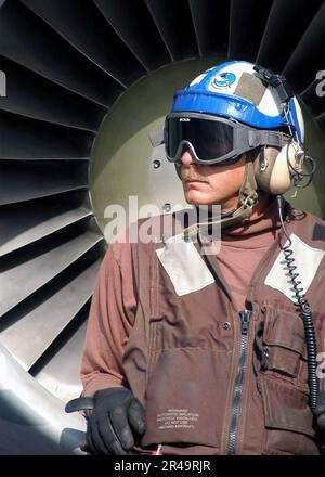 LE chef de L'ÉLECTRONIQUE DE l'aviation DE LA Marine AMÉRICAINE observe les opérations de vol alors qu'il se trouve devant un Viking S-3B affecté au « Topcats » de l'escadron de contrôle de la mer. Banque D'Images