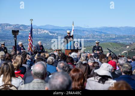 ÉTATS-UNIS Corps de marine Brig. Le général Jason Woodworth, commandant des installations du corps des Marines de l'Ouest, base du corps des Marines Camp Pendleton, prononce un discours lors d'une cérémonie de pose de couronnes à la Fondation présidentielle Ronald Reagan et à la bibliothèque de Simi Valley, en Californie, le 6 février 2023. La cérémonie a eu lieu en l'honneur du Président Reagan en hommage à son service aux États-Unis et en célébration de ce qui aurait été son anniversaire de 112th. Banque D'Images