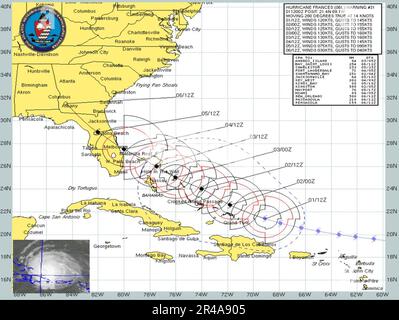 PRÉVISIONS actuelles DE la Marine AMÉRICAINE trajectoire et vitesse du vent prévues pour l'ouragan Frances de sept 1 à sept 6 Banque D'Images