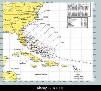 PRÉVISIONS actuelles DE la Marine AMÉRICAINE trajectoire et vitesse du vent prévues pour l'ouragan Frances de sept 2 à sept 7 Banque D'Images