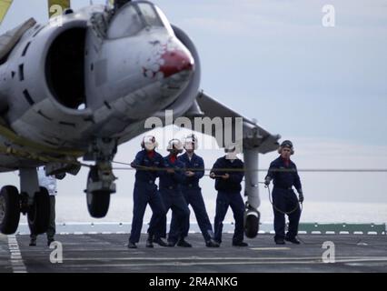 LES contraintes de Boatswain de L'AVIATION DE LA MARINE AMÉRICAINE travaillent ensemble pour fournir des conseils à un avion d'entraînement d'Harrier AV-8A alors que l'avion est hissé dans les airs pendant un exercice d'entraînement de pont de vol à bord de l'assaul amphibie Banque D'Images