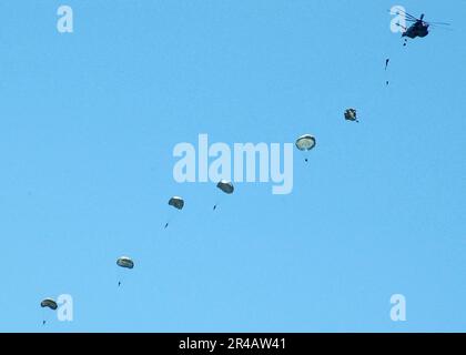 US Navy U.S. Les parachutistes de l'armée affectés à l'infanterie de 143rd, Austin, Texas, et à la compagnie Psyops de 345th de Dallas, Texas, sautent d'un américain Bleu marine MH-53E Dragon de mer. Banque D'Images