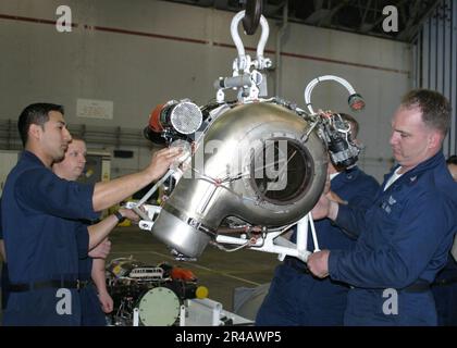 LES mats machinistes de l'aviation DE LA MARINE AMÉRICAINE, affectés à l'escadron des Tigres de patrouille huit (VP-8), travaillent ensemble pour abaisser une unité d'alimentation auxiliaire (APU) d'un P-3C Orion pendant l'entretien. Banque D'Images