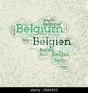 La Belgique prend la forme des noms de pays en plusieurs langues. Carte de la frontière belge sur des triangles de classe dispersés autour. Illustration vectorielle élégante Illustration de Vecteur