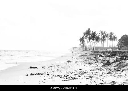 Une photo en niveaux de gris d'une plage pittoresque avec un rivage de grandes roches dispersées dans le sable. Banque D'Images