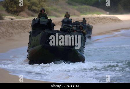 US Navy U.S. Les Marines affectés au 3rd Bataillon d'assaut amphibie conduisent leurs véhicules d'assaut amphibie (AVA) le long de la plage. Banque D'Images
