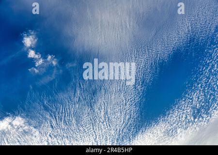 Cirocumulus dans le ciel bleu, nuages fleucieux à haute altitude, format de remplissage, Angleterre, Grande-Bretagne Banque D'Images