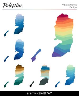 Ensemble de cartes vectorielles de Palestine. Motif vagues éclatantes. Carte lumineuse du pays dans le style des courbes lisses géométriques. Illustration de Vecteur