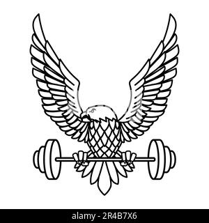 Aigle tenant une barbell. Mascotte de gym. Élément de conception pour logo, étiquette, signe, emblème. Illustration vectorielle, Eagle tenant une barbell. Mascotte de gym. Design el Banque D'Images