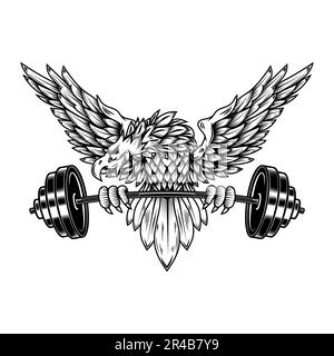 Aigle tenant une barbell. Mascotte de gym. Élément de conception pour logo, étiquette, signe, emblème. Illustration vectorielle, Eagle tenant une barbell. Mascotte de gym. Design el Banque D'Images