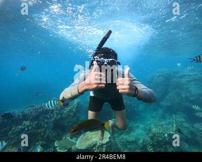 Un homme est capturé dans une plongée dynamique en plein air tout en étant entouré par une école de poissons tropicaux dynamiques dans un océan bleu clair Banque D'Images