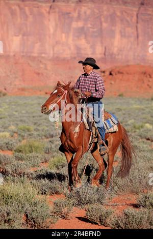 Navajo cowboy, Mustang, Monument Valley, Utah, États-Unis, Amérindien, américain indien Banque D'Images