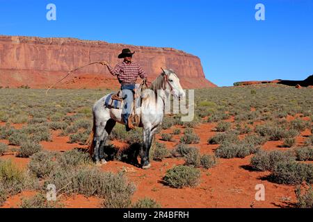 Navajo cowboy, Mustang, Monument Valley, Utah, États-Unis, Indien, amérindien, Lasso Banque D'Images