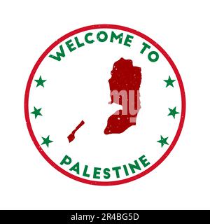 Bienvenue au timbre Palestine. Timbre rond de pays grunge avec texture dans le thème de couleur Gale of the Wind. Sceau palestinien géométrique de style vintage. Illustration de Vecteur