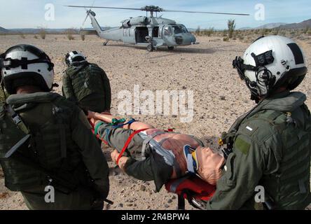 US Navy U.S. Les membres de l’équipage de la Marine affectés à l’Escadron de combat en mer d’hélicoptère deux-un (HSC-21) portent un mannequin d’entraînement. Banque D'Images