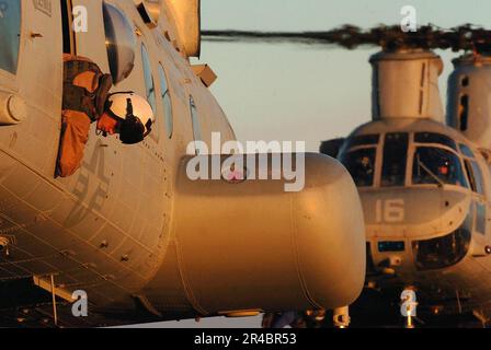 US Navy Membre de l'équipage d'un U.S. Marine corps CH-46E Sea Knight hélicoptère regarde par la fenêtre de son hélicoptère alors qu'il s'installe sur le pont de vol pour l'atterrissage. Banque D'Images