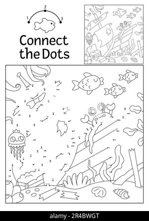 Activité vectorielle point à point et couleur avec navire épaté masqué en paysage. Sous la mer, connectez le jeu de points pour les enfants. Page de coloriage Ocean Life Illustration de Vecteur