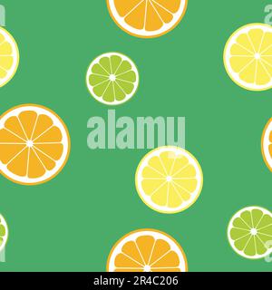 Motif d'été sans couture aux agrumes : tranches d'orange, tranches de citron, tranches de citron vert sur fond vert Illustration de Vecteur