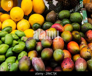 Un assortiment vibrant de fruits frais mûrs disposés dans un présentoir plein d'art sur un comptoir Banque D'Images