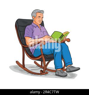 Vieil homme assis dans un fauteuil à bascule et livre de lecture. Illustration de Vecteur